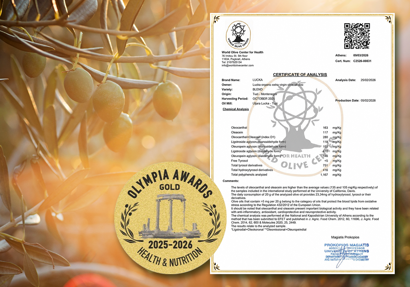 Lučka Gold priznanje Olympia Health & Nutrition Awards 2026 – sertifikat i medalja